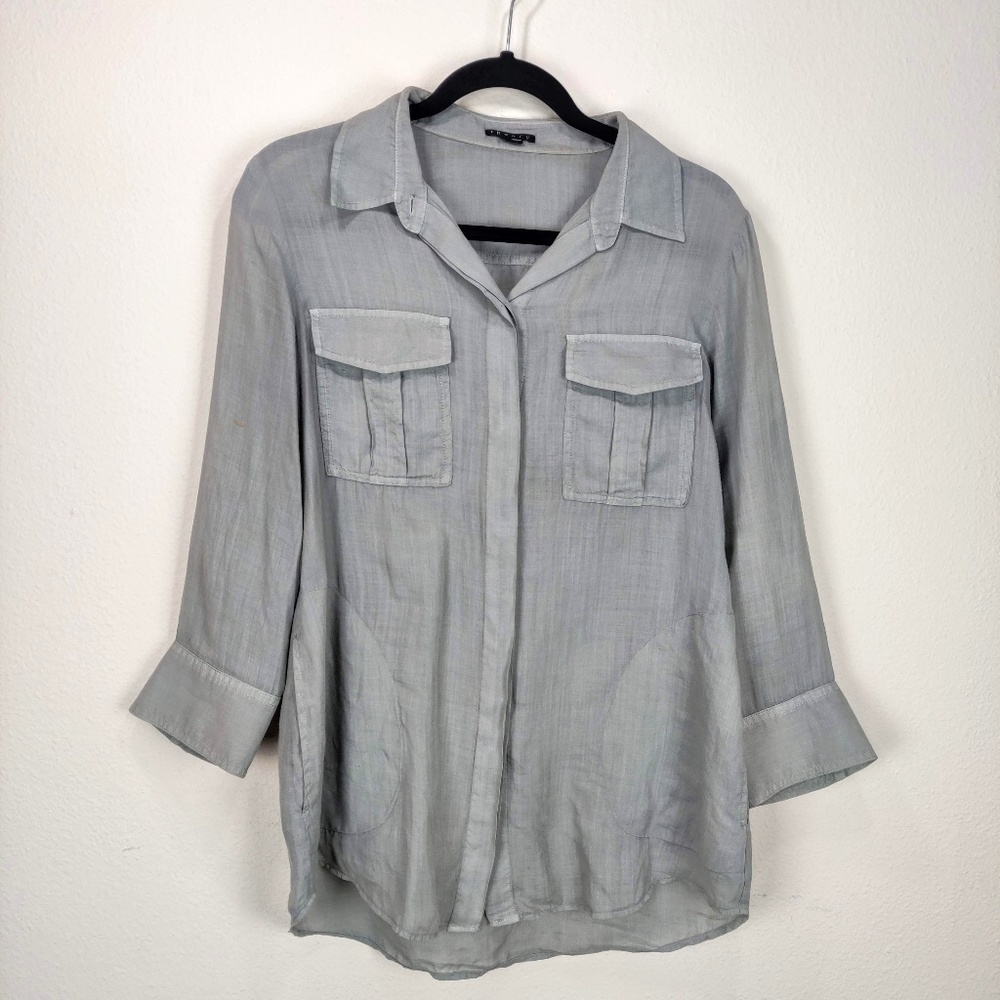 Theory Gray 3/4 Sleeve Lightweight Button Down Top